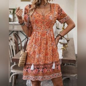 NEW Boho Tie Neck Tassel Floral Short Dress Orange Red Pink